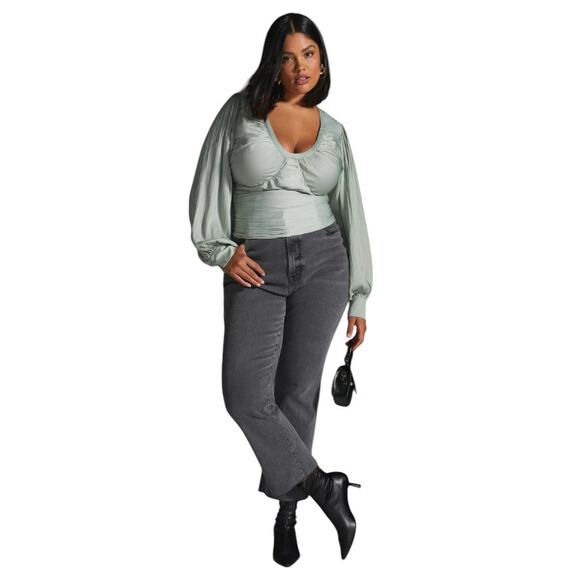 Anthropologie Mint Green Open Back Blouson Sleeve Blouse - Picture 1 of 12
